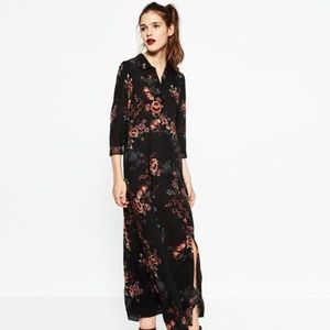 ZARA DRESS Mini Maxi boho black floral button down S